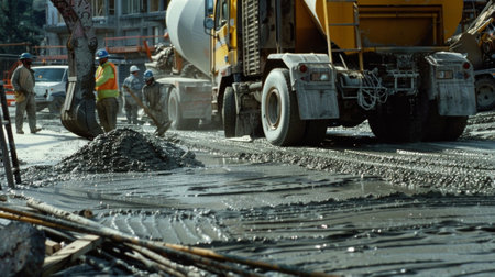The sound of trucks and machinery buzzing in the background as the workers pour and spread concrete a symphony of construction in progressの素材