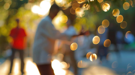 Defocused figures create a sense of harmony and balance as they practice Tai Chi outdoorsの素材