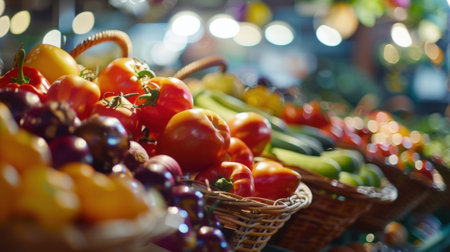 Unclear view of baskets filled with vibrant produce in an indoor farmers marketの素材