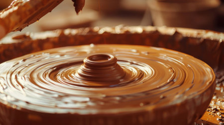 A muddled image of moist clay being centered on a spinning wheelの素材