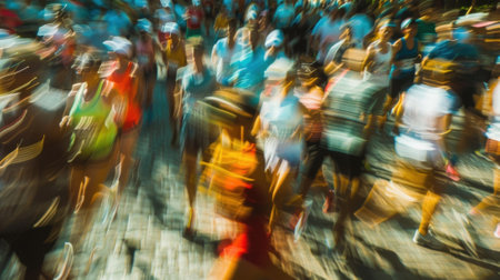 Swirling shapes of marathon runners and cheering supporters in a blurの素材