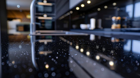 A detailed view of the sleek black countertops showcasing their shiny surfaceの素材