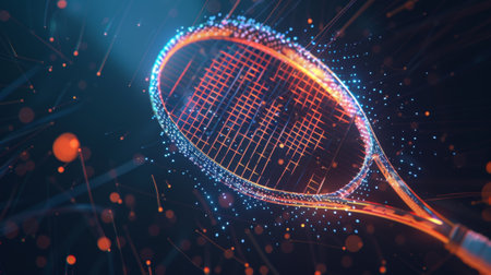 A smart tennis racket that records stroke accuracy power and spin all transmitted through a 5G connection to a smarch for realtime performance analysis on the courtの素材