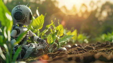 Robot gardening plants in futuristic farm at sunset, embracing sustainable technologyの素材