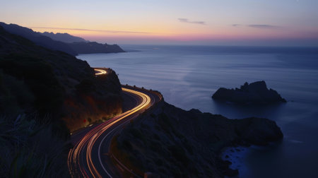 As the sun sets on the horizon the winding island roads come alive with shimmering streams of car light trailsの素材