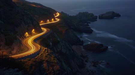 Like fireflies in the night the car lights leave a trail of ling beauty as they wind their way along the rocky cliffsの素材