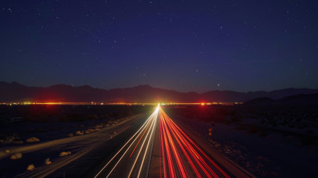 The bright beams of headlights and taillights create a symphony of colors against the dark canvas of the night sky over the desert highwaysの素材