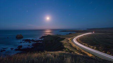 A serene coastal scene as the moon illuminates a lighthouse while nearby roads are lit up by the steady stream of car light trails passing byの素材