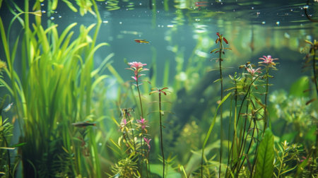A detailed view of a pond ecosystem with aquatic plants and animals thriving in their underwater worldの素材