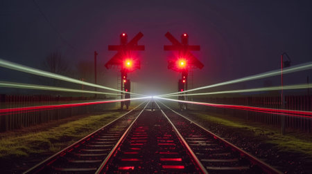 The saturated beams of a trains headlights leave behind a glowing light trail as it passes through the railway crossingの素材