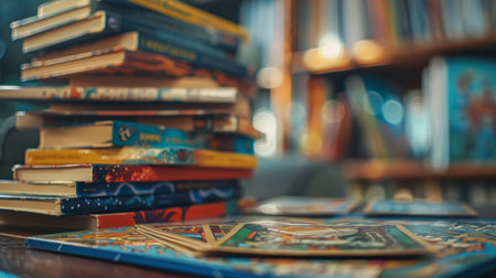 A stack of board games and decks of cards on a side tableの素材