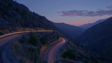 A winding road climbs up the side of a mountain dotted with the glowing trails left behind by vehicles navigating the passの素材