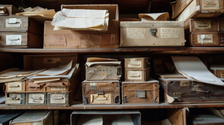 A shelf filled with archival boxes each containing a different collection of documents or artifactsの素材