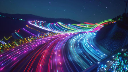 The mesmerizing glow of colorful lights creates a stunning backdrop for the festivities captured in the trails of passing carsの素材