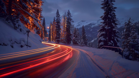 Blurred car lights trace the curves of the road leading to the ultimate winter destination the ski resortの素材