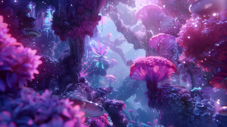 Glowing mushrooms and flowers growing in magical fantasy forestの素材