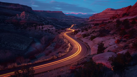 A sense of adventure and wonder is evoked by the light trails from cars illuminating a winding canyon road leading to unknown destinationsの素材