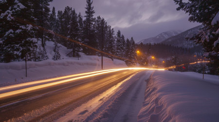 The serene calmness of a snowy evening interrupted by vibrant light trails moving along the road creating a sense of warmth and livelinessの素材