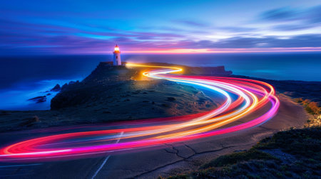 A picturesque scene of a lighthouse at the end of a curved road surrounded by a swirling array of colorful light trailsの素材