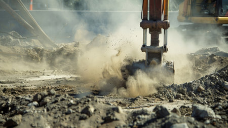 A dust cloud rising as a jackhammer tears through the ground in preparation for new underground utilitiesの素材