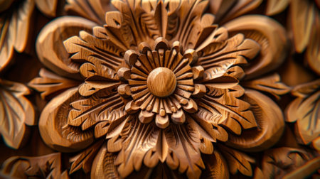 Woodcarving art showing floral pattern made of woodの素材