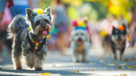 A hazy background of an outdoor pet parade with pets and their owners showcasing their creativity through their costumesの素材