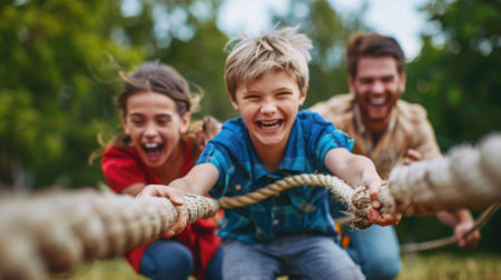 A game of tugofwar is taking place with parents and children on opposite sides laughing and competing in goodnatured funの素材