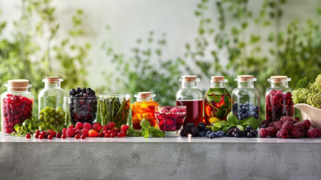 A table display filled with an array of unique and vibrant ingredients from fresh berries to exotic syrupsの素材
