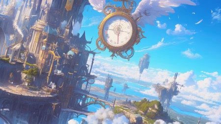 A fantastical realm where giant floating feathers keys and clocks hang in the sky creating a whimsical atmosphereの素材