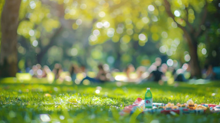 A dreamy defocused scene of a park picnic with groups of people lounging on colorful blankets and enjoying snacksの素材
