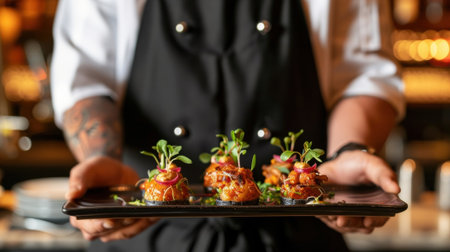 A chef holding a tray of bitesized appetizers each paired with a mocktail that complements the flavors and elevates the dishの素材
