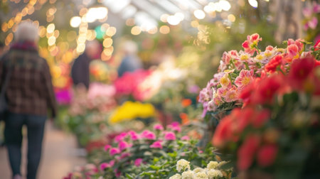 Hazy vision of an indoor flower paradise with vivid colors and blurred faces admiring the array of floral displaysの素材