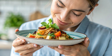 Mindful Eating A closeup of hands holding a plate of food with a person taking a moment to enjoy their meal. The focus on the act of eating slowly emphasizes the strategy of.の素材