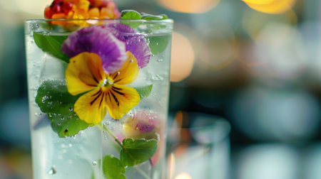 A closeup of a mocktail made with fresh herbs fruits and sparkling water served in a fancy glass and garnished with a colorful edible flowerの素材