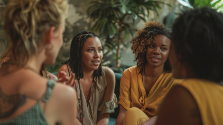 The group engages in deep conversations about societal pressures to drink and the importance of prioritizing mental health and selfcareの素材