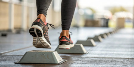 Standing Calf Raises A closeup image of feet positioned shoulderwidth apart with the heels lifting off the ground in a calf raise exercise reinforcing balance and strength in the.の素材