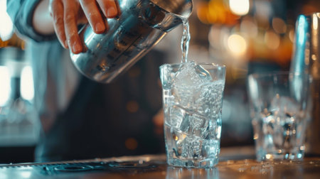 A bartender expertly mixes a cocktail using nonalcoholic spirits carefully measuring and pouring ingredients into a shakerの素材
