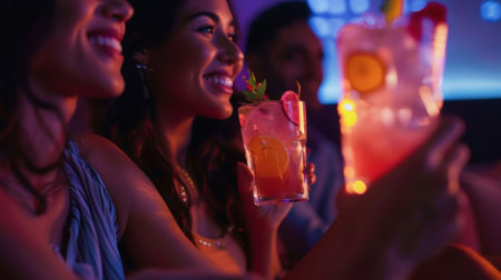 The movie begins but the friends continue to sip on their mocktails fully immersing themselves in the sensory experienceの素材