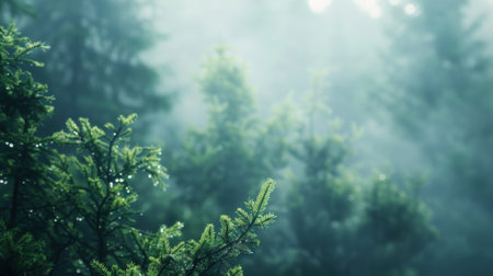 Hazy treetop view providing a tranquil and immersive experience in the midst of adventureの素材