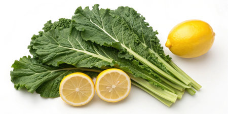 Mustard Greens Tangy mustard greens positioned with lemon slices highlighting their vitamin C content and potential to enhance nutrient absorption..の素材