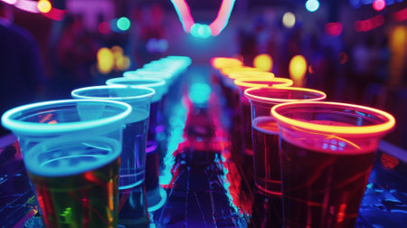 A game of neonlit beer pong with the traditional drink rep by glowing nonalcoholic optionsの素材