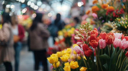 Defocused glimpse of a bustling indoor flower market with a mix of blurred bouquets and excited patronsの素材