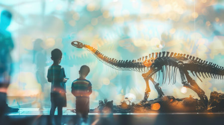 Obscured figures marveling at a largescale replica of a dinosaur fossilの素材