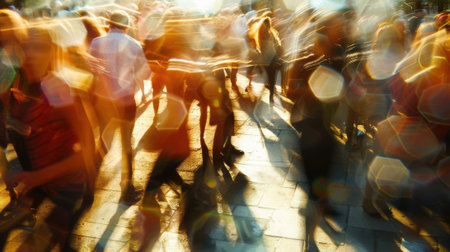 Indistinct outlines of performers and spectators in an openair settinの素材