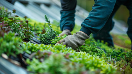 A worker carefully trims back overgrown plants maintaining the green roofs health and appearanceの素材