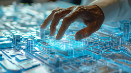 A closeup of an architects hand delicately adjusting virtual objects in a virtual reality landscapeの素材