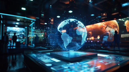Futuristic command center monitoring global network with hologram earth displayの素材