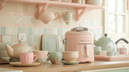 A cozy cottagestyle kitchen adorned with pastel pieces including a blush pink slow cooker a light green tea set and a baby makerの素材