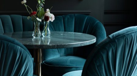 Matching velvet chairs with plush cushions surround the table adding a touch of lavishness to the spaceの素材