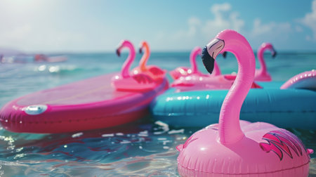 A funfilled party on the shore with inflatable surfboards and flamingo rafts floating in the oceanの素材